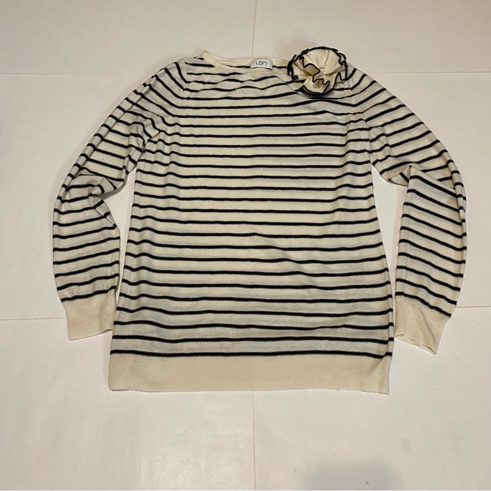 50. LOFT Cream and Dark Gray Striped Top with Floral Detail